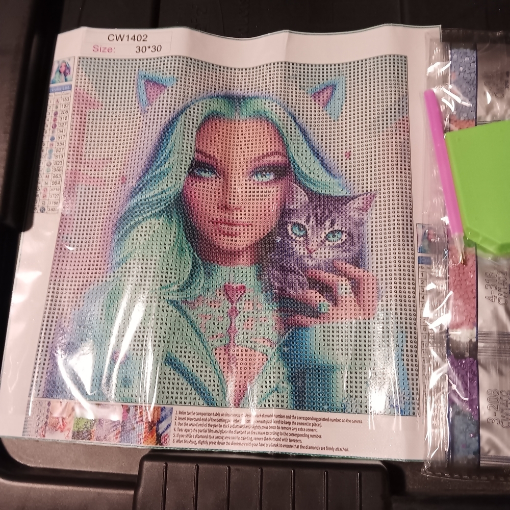 Cat-Themed Girl And Her Cat Diamond Painting Kit with Green and Purple 30x30